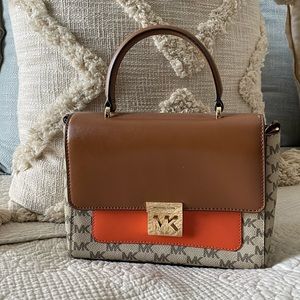 Michael Kors Mindy Medium Convertible Leather Satchel Orange & Tan Monogram